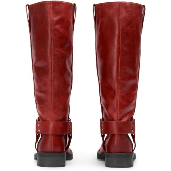 Women's Polyurethane Red Squared Toe Knee High Tall Riding Motorcycle Boots - Picture 6 of 7